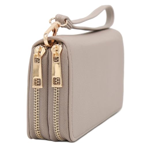 FashionPuzzle Double Zip Around PU Leather Wristlet Cell Phone Wallet - color: Travertine