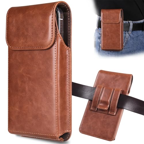 Holster for iPhone 17, 17 Pro, 16, 16 Pro, 15, 15 Pro, 14, 14 Pro, 13, 13 Pro, 12, Galaxy S26, S25, S24, Premium Leather Pouch with Belt Clip Phone Holster Belt Case, Brown -M - color: Brown, size: Medium
