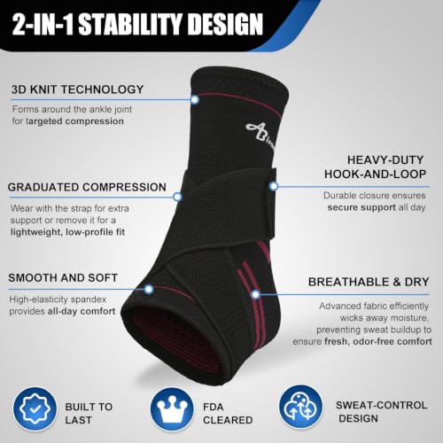 ABIRAM Ankle Brace Compression Sleeve with Adjustable Support Strap - color: Rose, size: Medium