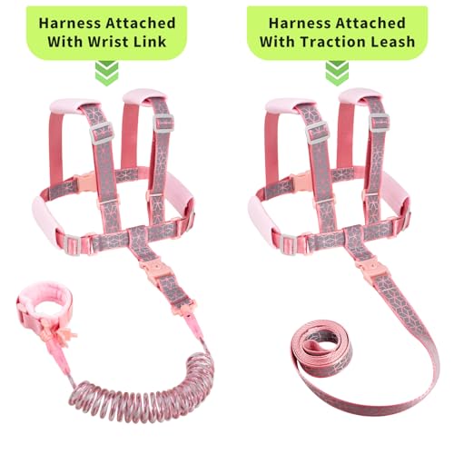Toddler Leash Harness Backpack 4-in-1, Anti Lost Wrist Link & Safety Strap for Kids Boys Girls, Reflective Adjustable Baby Walking Belt for Park Zoo Travel, Child Cute Reins (Pink) - color: Pink