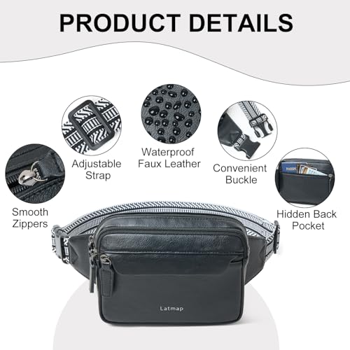 LATMAP 3L Fanny Packs for Women Cross Body Bag Vegan Leather Belt Bag Black - color: Black