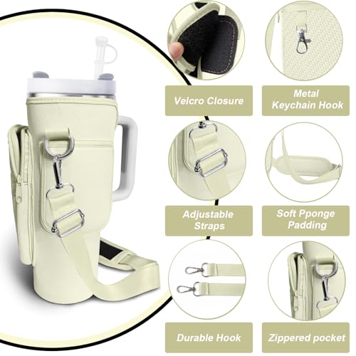 Water Bottle Carrier Bag for Stanley Cup 40/30oz, Neoprene Water Bottle Holder Pouch with 3 Pocket Adjustable Shoulder & Hand Strap - color: Off White