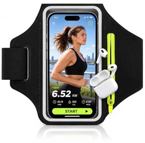 Phone Holder for Running for iPhone 17 16 15 14 13 12 Pro Max/Plus/XR/XS, Galaxy S25/S24/S23/S22, with Card Slot & Key Pockets, Sports Arm Bands Cell Phone Holder Fit Up to 6.9 Inches Phone