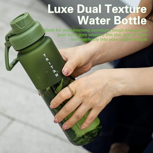 OLDLEY 32oz Water Bottle with Handle, BPA-Free Tritan Reusable Sports Water Bottle with Leak-Proof Dust Lid, Wide Mouth, Cup Holder Friendly, Half Frosted Clear Bottle for Gym,Travel,Work,Olive Green - color: Olive Green