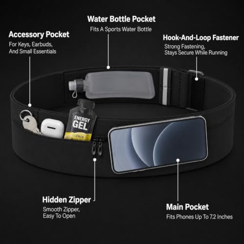 Running Belt for Women Men, Water Proof Running Belts, Run Fanny Pack with Water Bottle, Slim Runnings Pouch Belts, Adjustable Fit Run Belt with Phone Holder Bottle Holder