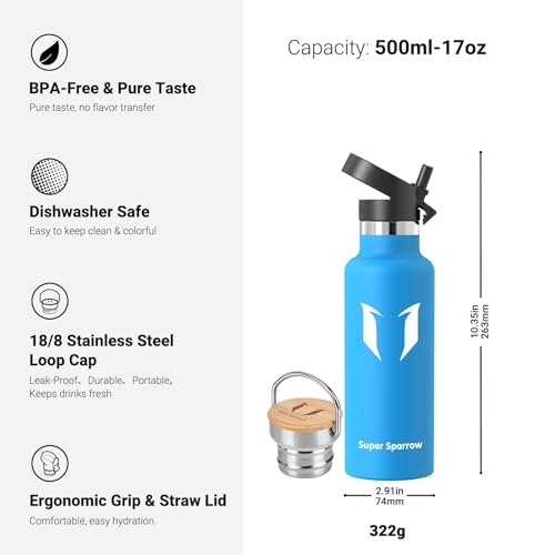 Super Sparrow Stainless Steel Water Bottle - 500ml - Vacuum Insulated - Standard Mouth Flask - BPA Free - Sky Blue - Adult - Travel, Running, Yoga, Hiking - color: Sky Blue, size: 16.9 Ounces