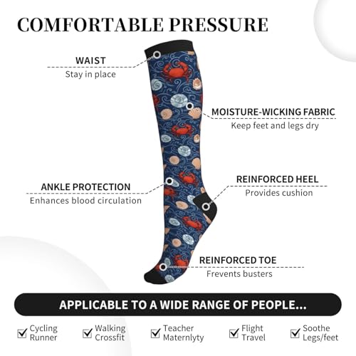 Patterned Knee High Socks for Women Men Athletic Running Travel Work - color: Sea Crab
