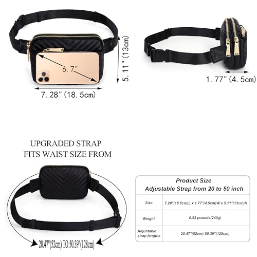 UTO Fanny Pack Crossbody Belt Purse Chest Waist Hip Travel Hiking Bumbag - color: 0759 PU Leather Quilted Black V
