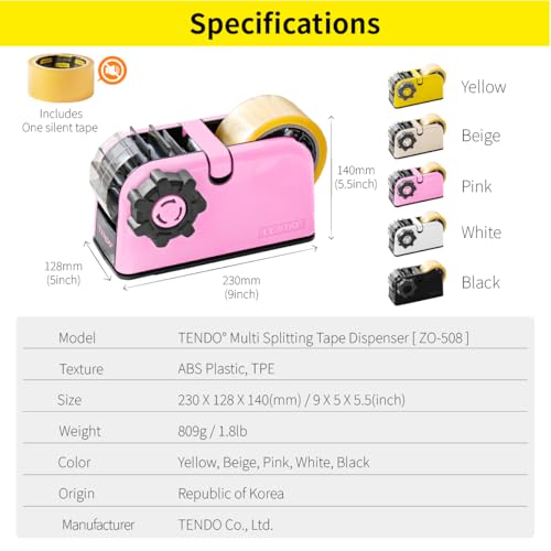 [TENDO°] TENDO Multi-Section Tape Dispenser, Custom Width Tape Cutter with 4 Cutting Sections, Built-in Safety Blade, Ergonomic Grip for Packing and Office Use, ZO-508(Pink) - color: Pink