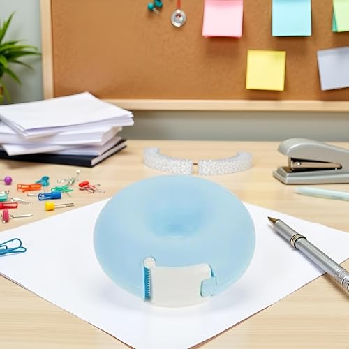 1Pc Blue Tape Dispenser, Donut Shape Candy Color Tape Dispensers Donut Invisible Tape Cutter Tape Organizer Portable Roll Tape Holder for Office School Supply
