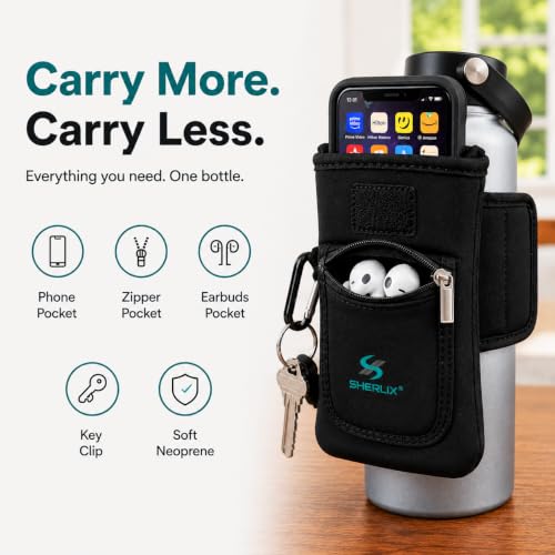 Gym Water Bottle Pouch, Waterproof Neoprene Sleeve with Accessory Pockets for Cell Phone, Airpods, Cards, Keychain Carabiner, Bottle Holder for Workout, Hiking, and More, Fits 18-40 oz Bottles - style: Universal Water Bottle Pouch (Black 18-40 oz)