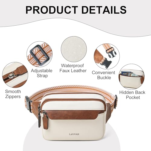 LATMAP 3L Fanny Packs for Women Cross Body Bag Vegan Leather Belt Bag Beige - color: Beige