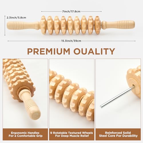 Wooden Cellulite Muscle Roller for Legs and Thighs - Handheld Fascia Blaster Tool for Muscle Relief, Lymphatic Drainage & Body Sculpting - Anti Cellulite Massager for Women & Men (9 Wheel) - color: Wooden Straight