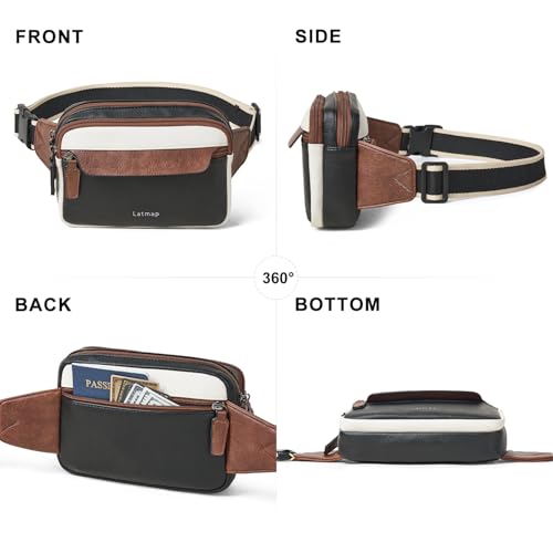 LATMAP 3L Fanny Packs for Women Cross Body Bag Vegan Leather Waist Belt Bag - color: Black and Brown with Beige
