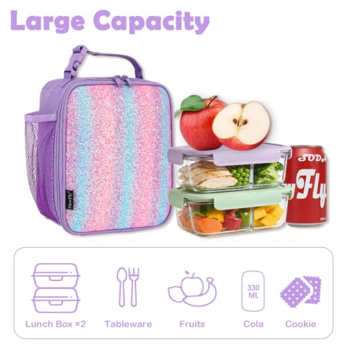 FlowFly Lunch box Insulated Soft Bag Mini Cooler Back to School Thermal Meal Tote Kit for Girls, Boys,Purple#Glitter - color: Purple#Glitter