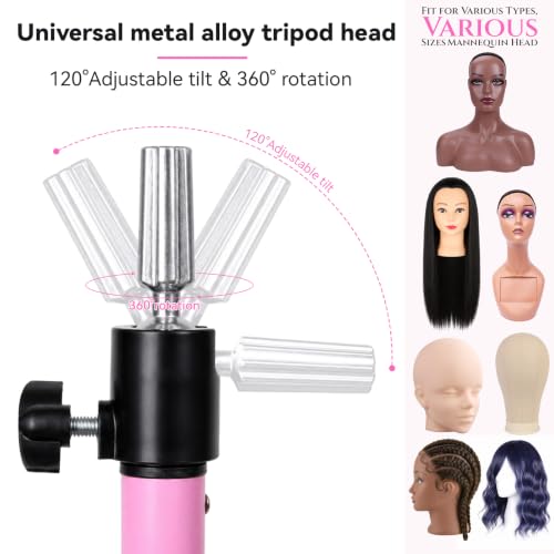 ZQIAN BEAUTY 55 Inch Heavy-duty Wig Head Stand, Adjustable Metal Mannequin Head Stand Tripod For Hairdressing Training Head, Wig Stand Tripod with Tool Tray (Pink, Mannequin Head Not Included) - color: Pink, size: 55 Inch