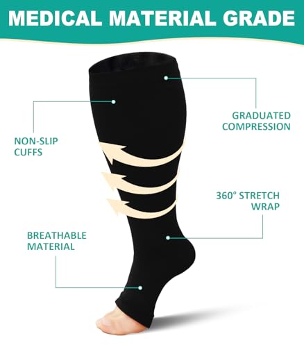 Plus Size Compression Socks: 2 Pairs Wide Calf Compression Toeless Stockings for Men Women - Open Toe 20-30 mmHg - color: Black-2 Pairs, size: Large-X-Large