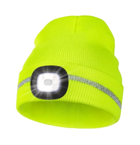 MELASA Reflective Stripe Beanie with the Light, Warm Hat with Light Outdoor - color: Fluorescent Yellow