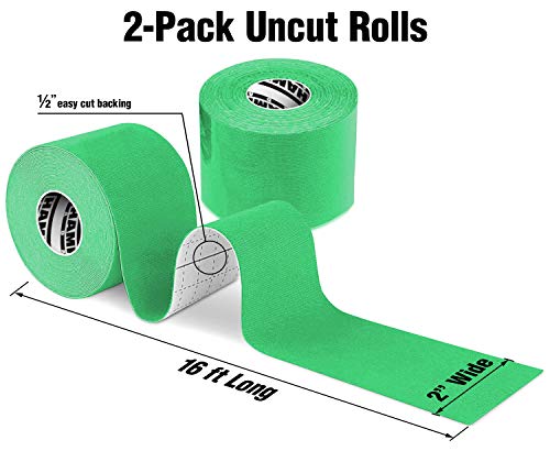 Hampton Adams | As Seen on Shark Tank | Elastic Kinesiology Tape (2-Pack) | Uncut Athletic Tape Supports & Protects Muscles Knees Shoulders & Plantar Fasciitis | Waterproof Hypoallergenic (Green) - color: Green, size: 2in x 16ft (2 Rolls)
