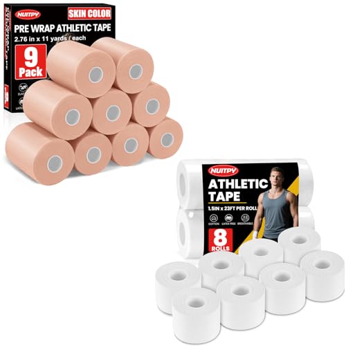 9 Pack Skin Color 2.76in x 11yd Pre Wrap Tape, 8 Pack White Athletic Tapes