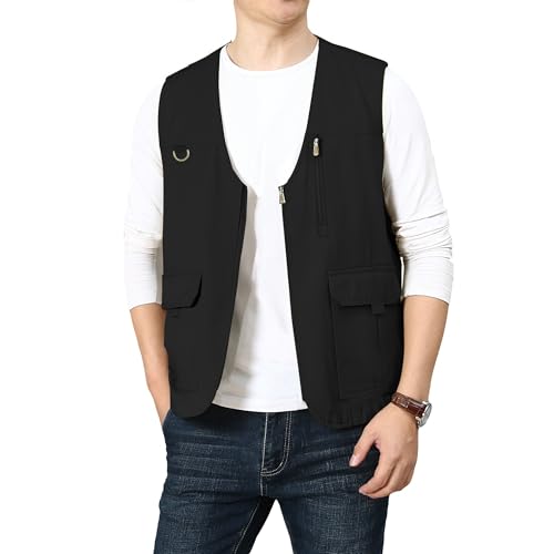 PRIJOUHE Mens Casual Cotton Vest Lightweight Outdoor Fishing Utility Vest - color: 04-black, size: Large