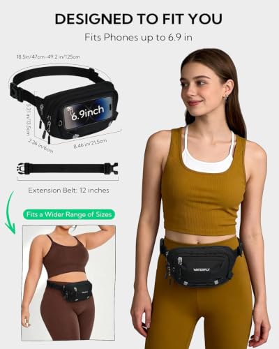 WATERFLY Small RFID Fanny Pack: 1.5L Waist Bag 12" Extender Belt for Hiking - color: Black
