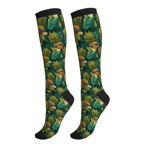 Compression Socks Women Knee High Support Circulation Stockings for Running Cycling Flying - color: Pineapple