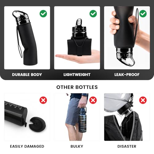 Collapsible Water Bottles 20oz, BPA-Free Silicone Foldable Water Bottle with Leak-Proof Lid Lightweight Portable Running & Travel Water Bottle for Hiking, Camping & Sports