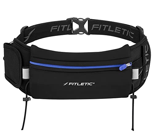 Fitletic - Ultimate II Running Pouch with Gels, Runners Pouch, Running Waist Belt with Gel Loops, Exterior Pocket, Inner Pocket, and Integrated Bib Toggles, Running Accessories - color: Blue & Black