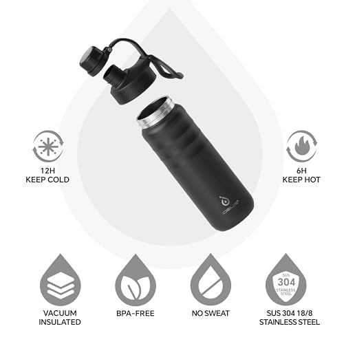 IDEUS 24oz Stainless Steel Insulated Bottle with 2 Leak-Proof Lids, Black - color: Black, size: 24 Ounces