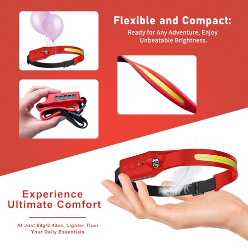 Nessciera Rechargeable LED Headlamp (Red), 400 Lumens, 230° Wide Beam, USB-C, 5 Modes — Lightweight, Adjustable Headband; Hard Hat Clips for Camping, Hiking, Running & Repairs - color: Red