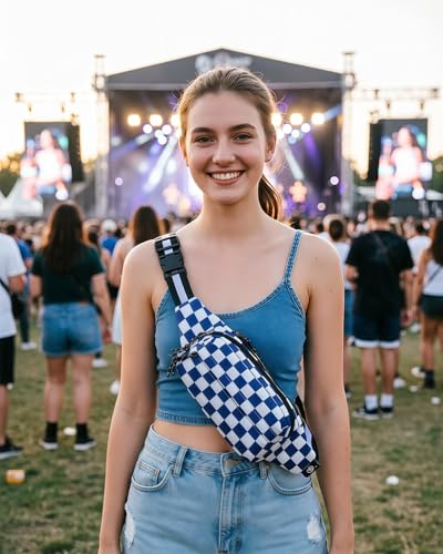 AIBEARTY Fashion Fanny Pack Small Checkered Waist Pack Belt Waist Bag Pack Pouch with Adjustable Strap for Sport Running,Camping,Trip - color: Blue Check Pattern
