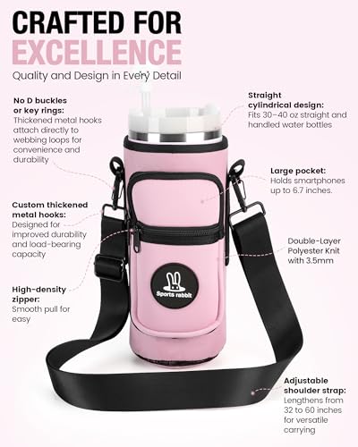 Sports rabbit Universal Water Bottle Holder with Strap & Phone Pocket - color: Pink, size: 30OZ