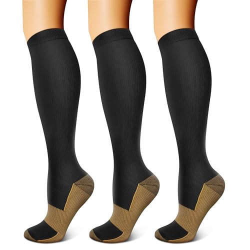 FEYHAY Copper Compression Socks (3 Pairs) 15-20 mmHg Circulation is Best Athletic & Daily for Men & Women, Running, Climbing - color: 01 Copper Black, size: Small-Medium