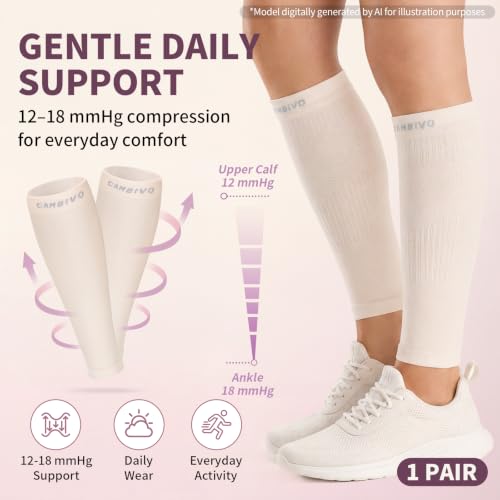 CAMBIVO Calf Compression Sleeves for Women Men, 12-18mmHg, Beige - color: Beige, size: Large