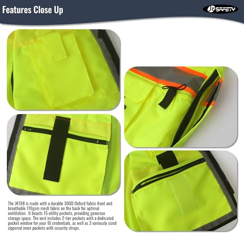 JKSafety Hi-Vis Unisex Surveyor Safety Vest Heavy Duty PPE Inner Pockets ANSI/ISEA Compliant - color: 188-yellow, size: Small