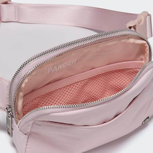 Pander Nylon Fanny Pack Belt Bag for Women with 5 Zipper Pockets - color: Pink