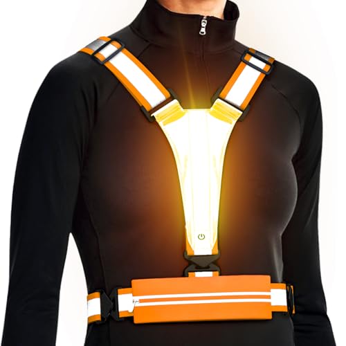 LED Reflective Vest Running Gear, USB Rechargeable Light Up Running Vest Chest Phone Holder for Runners Night Walking - color: Orange