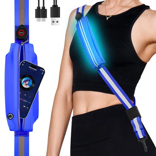 Fitense LED Reflective Belt Sash - 5 Lights Colors & 3 Light Modes High Visibility Night Safety Belt, Rechargeable Light Up Running Gear Adjustable Vest Straps for Runners Walkers Men Women - color: Blue, style: Pouch