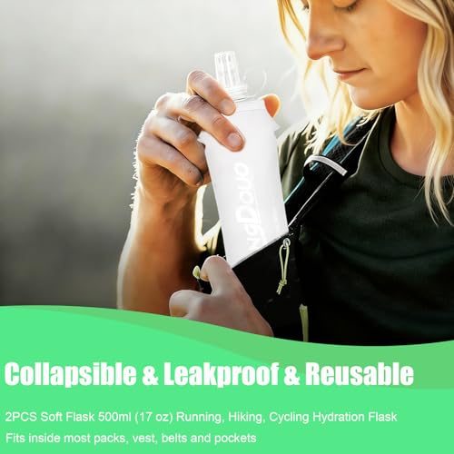 2PCS Running Vest Soft Flask, BPA-Free Soft Flasks 17oz/500ml TPU Collapsible Water Bottle for Hydration Backpack, Folding Running Water Bottles for Marathon Hiking Cycling Climbing - color: White