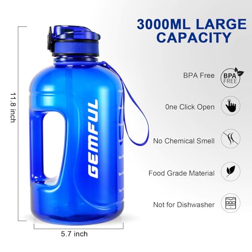 GEMFUL 3L Water Bottle with Straw & Handle BPA-Free Gym Jug (Royal Blue) - color: Royal Blue, size: 3 L