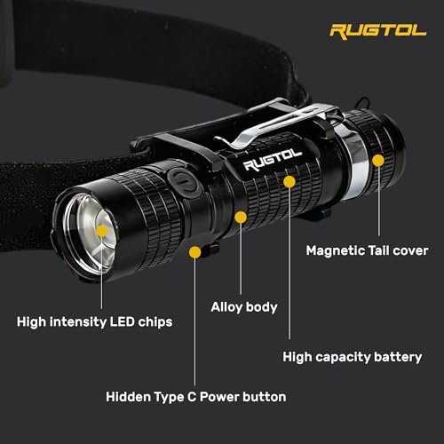 Rugtol Headlamp, USB C Rechargeable Battery Powered Head Lamp LED Flashlight with Clip Magnetic Base, 1000 Lumens Zoomable Aluminum Headlamp IPX4 Waterproof for Hard Hat Working Running Hiking - size: 1000 lm - Zoomable