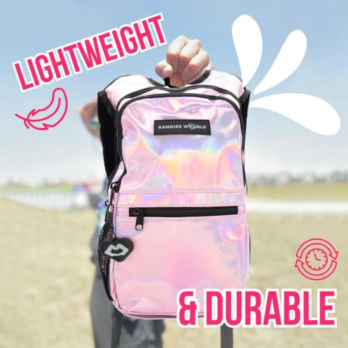 Kandies World Reflective Festival Hydration Pack - 2L Hydropack for Raves, Hiking, Biking, Running, and More (with Anti-Theft Pocket) - style: Pink Holographic