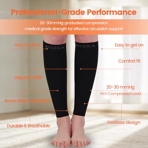 BSERA Calf Compression Sleeve Women, 2 Pairs 20-30mmHg Footless Compression Socks for Swelling Shin Splints Varicose Veins - color: Black, size: Medium