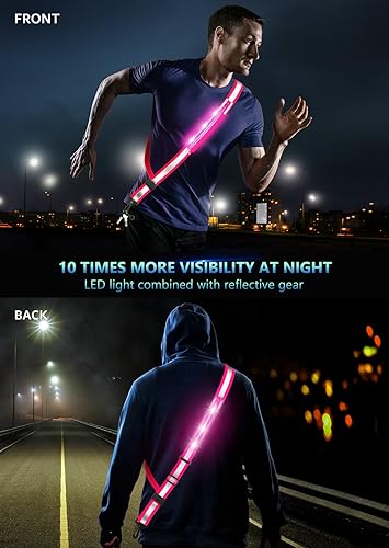 Fokia Kunbio LED Reflective Belt Sash for Walking at Night,Running Safety Gear LED Light Up Running Belt for Runners Walkers - color: Pink