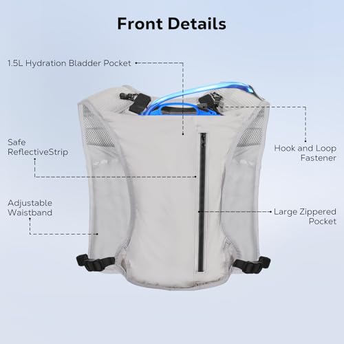 MoKo Running Hydration Vest for Men Women, Lightweight Hydration Pack with 1.5L Water Bladder - color: Light Gray