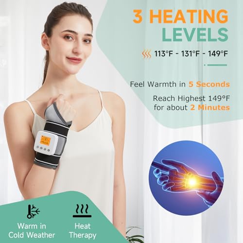 Rechargeable Heated Wrist Massager for Pain Relief - 3 Heat Levels & 3 Vibration Modes, Heat Therapy Wrap for Carpal Tunnel, Tendonitis, Sprains, Swelling, Auto Shut-Off Hand Warmer