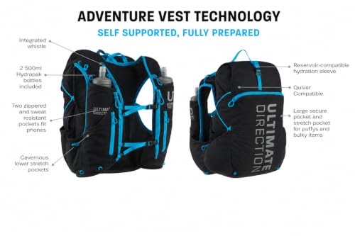 Ultimate Direction Adventure Vest | 17 Liter Capacity Hydration Pack for Running, Hiking & Fastpacking - Includes 2 Soft Flasks - color: Black, size: Large