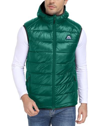 Mapamyumco Men's Hooded Puffer Vest Waterproof Lightweight Quilted - color: Dark Green, size: Medium