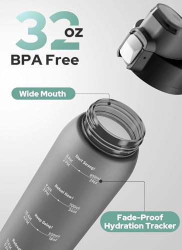 Opard Zip 32oz Plastic Water Bottle Dishwasher Safe, Leakproof Flip-Top Lid, BPA Free Tritan, Wide Mouth Reusable Sports Water Bottle for Gym Hiking Commuting Outdoor Travel and School - color: Charcoal Black, style: 32 Ounces
